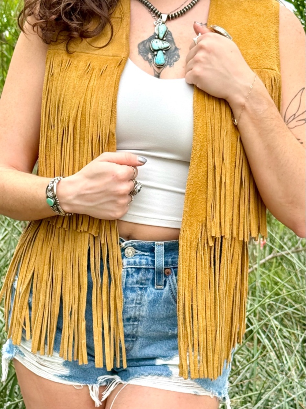 Vintage 70s Trego’s Westwear Suede Fringe Vest Camel Western Boho M